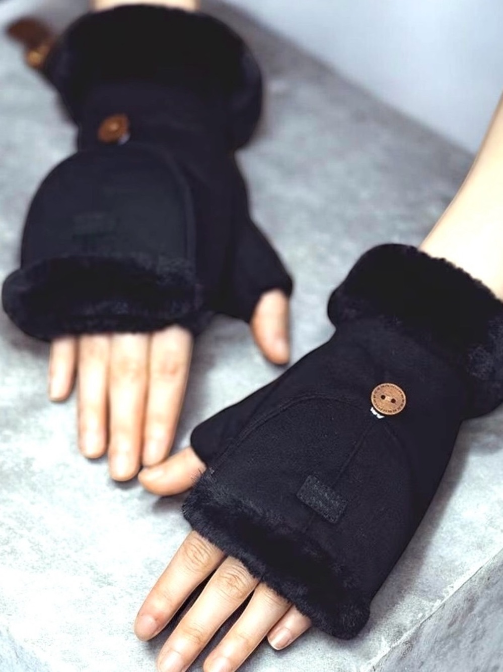 Black Fingerless Winter Gloves with Button Detail